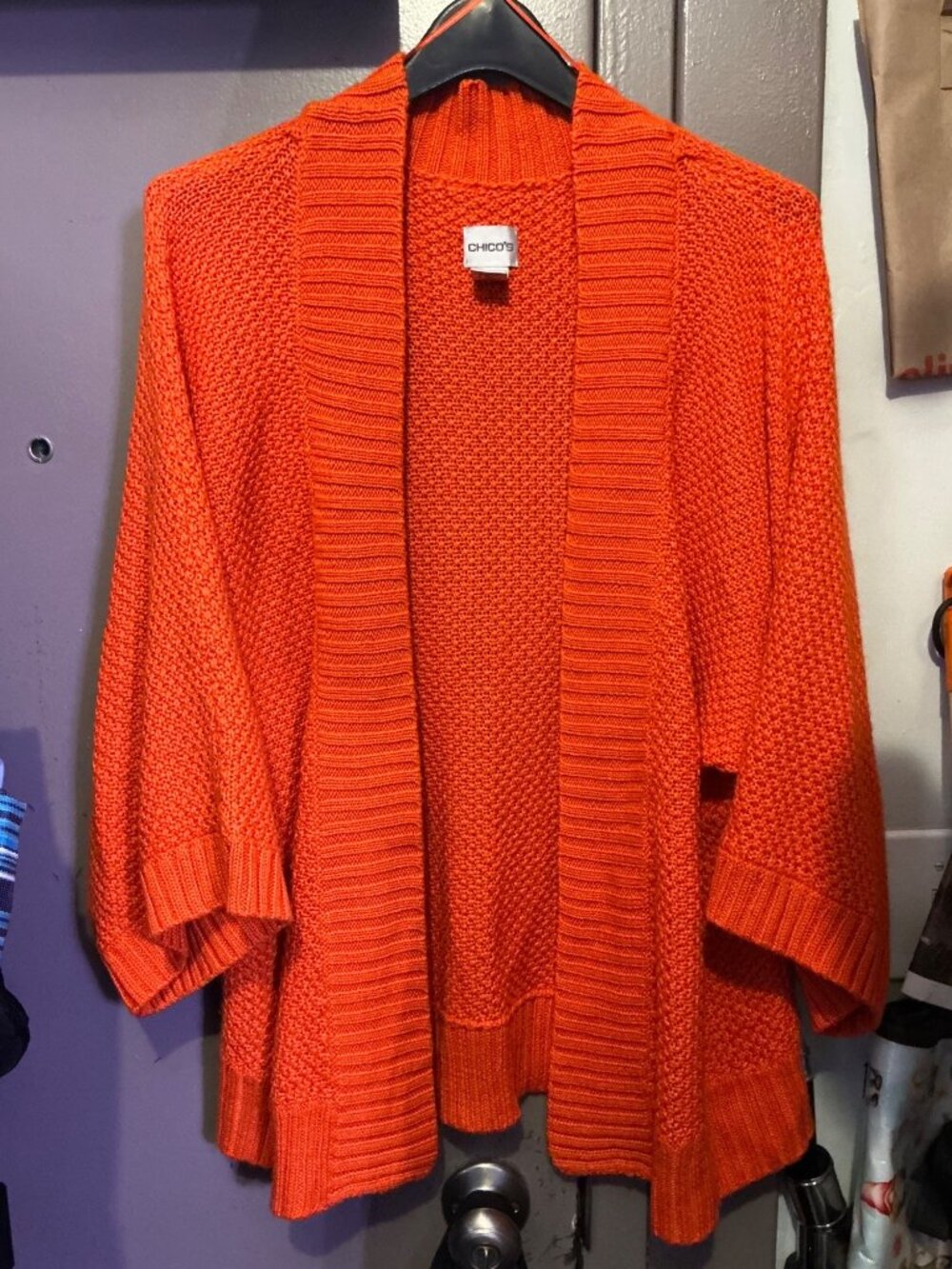 Chicos Sweater Cardigan Shawl Open Front Size 3 Fall Orange 3/4 Sleeve